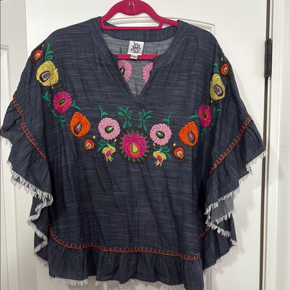 Ivy Jane denim Blouse with Vibrant Floral Embroidery